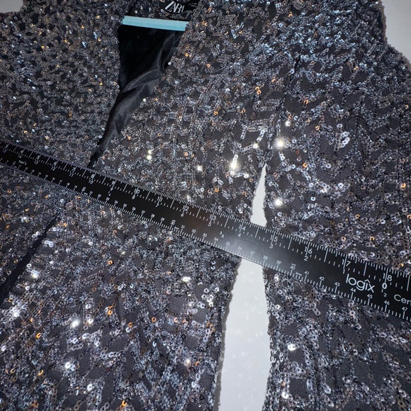 Zara Black Silver Gunmetal Metallic Sequin Blazer Size S Trinny Woodall - Picture 13 of 13